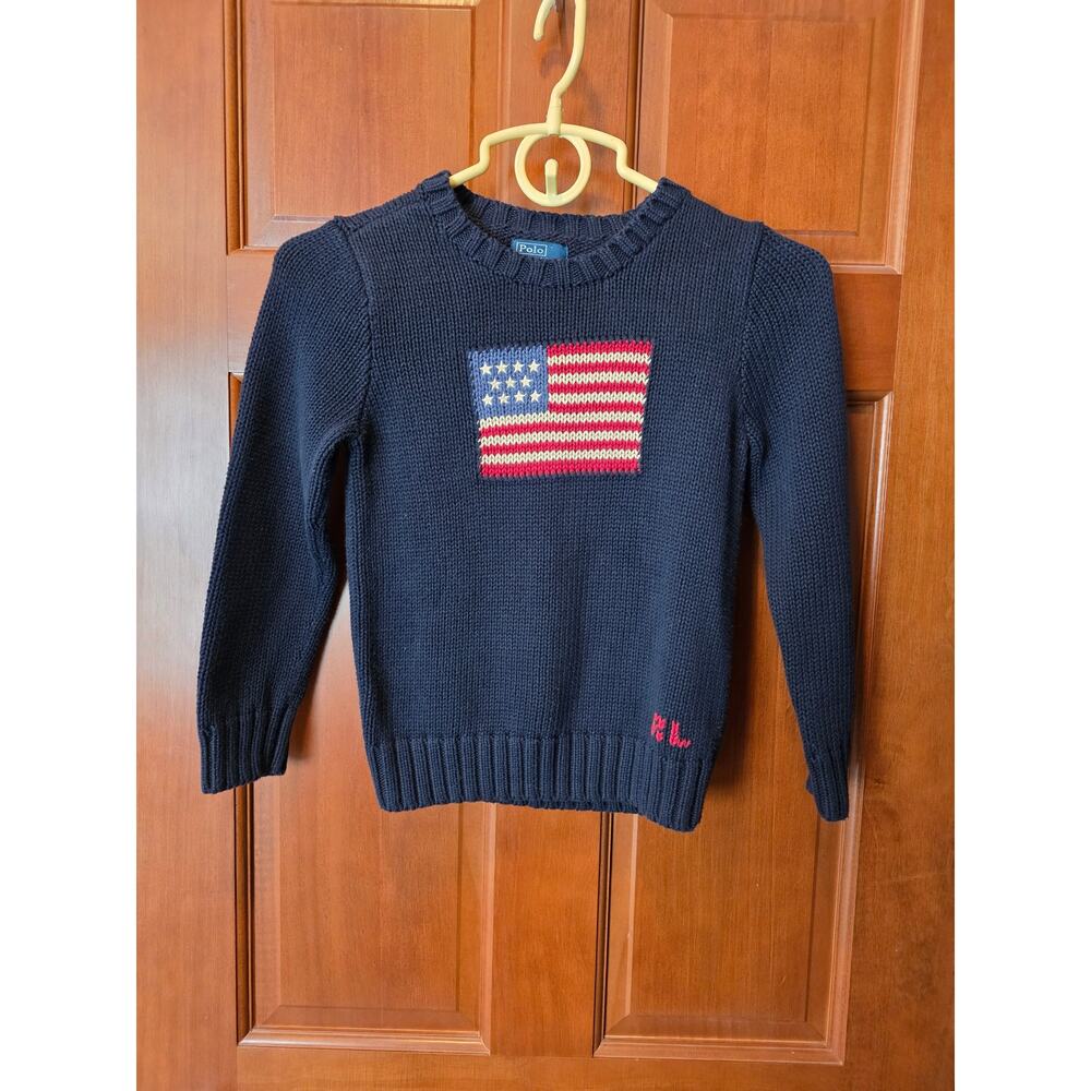 Polo Ralph Lauren Youth Crewneck Flag Knit Sweater Size 7 Navy Blue 100% Cotton